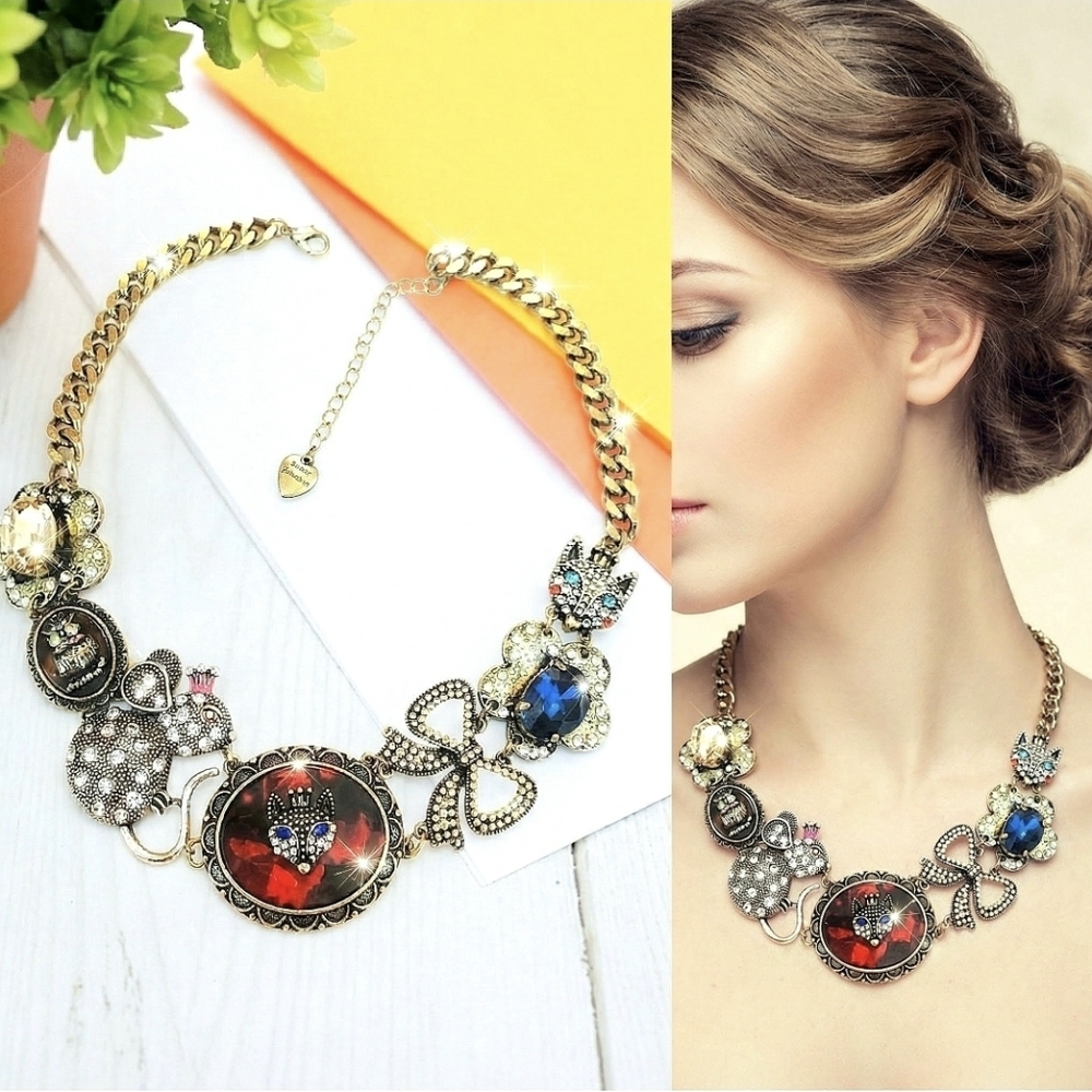 Gold Multicolor Crystal Crowned Fox, Owl, Mouse Necklace By Betsey Johnson